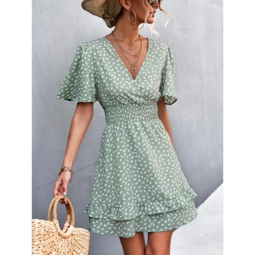 Boho Polka Dot Short Sleeve Ruffle Summer Sun Dress Mini Green